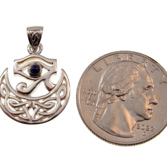 Solid 925 Sterling Silver Eye of RA / Horus Pendant & Celtic Half Moon w/ Lapis - Picture 2 of 5